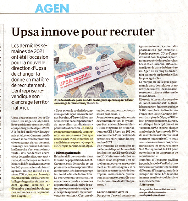 Pub&Pain Guyenne Presse Sac à pain publicitaire communication boulangerie Parution Article Journal Petit Bleu AGEN UPSA