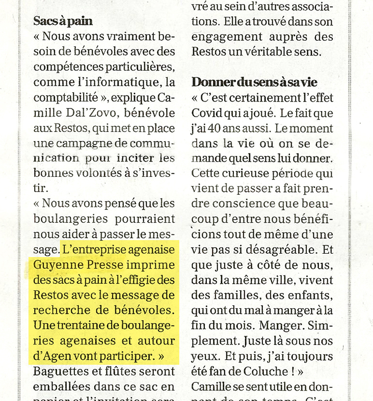 Pub&Pain Guyenne Presse Sac à pain publicitaire communication boulangerie Parution Article Journal Petit Bleu AGEN Restos du Coeur Lot et Garonne