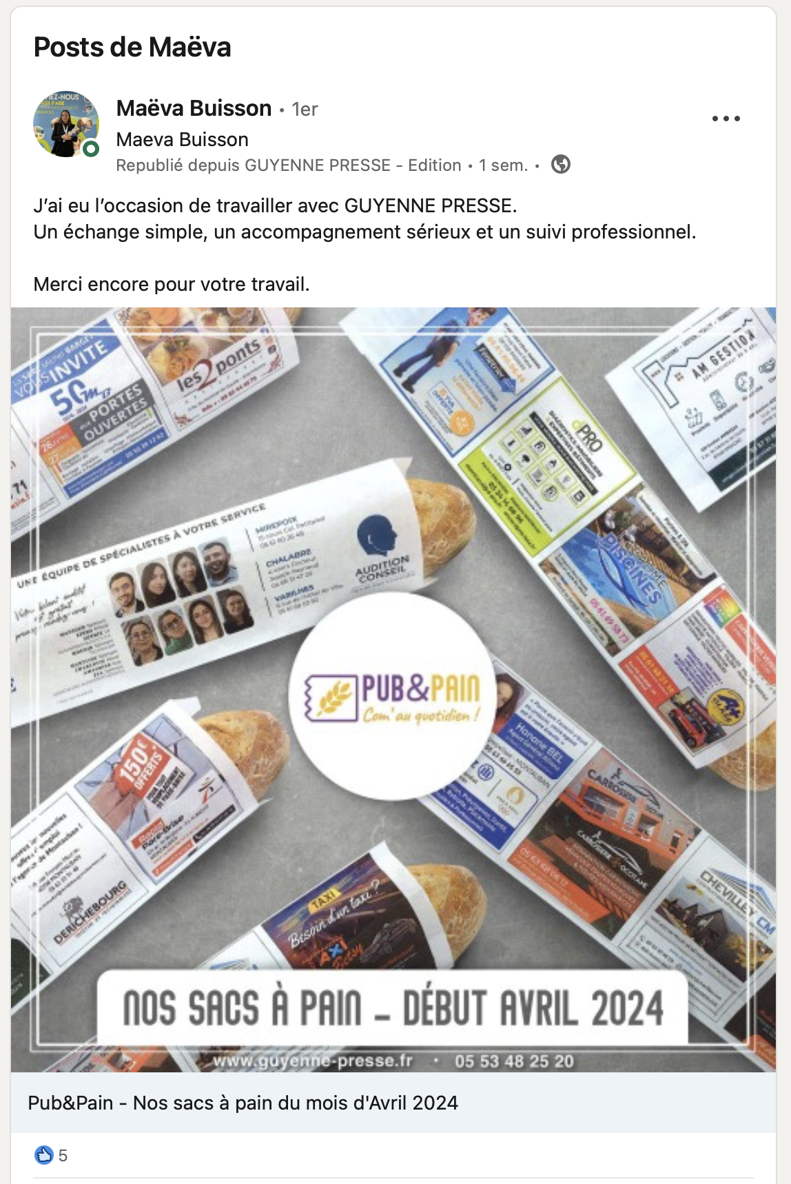 Pub&Pain Guyenne Presse Sac à pain Poche à pain publicitaire communication boulangerie Témoignages